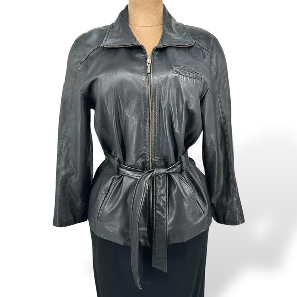 Vintage Y2K Black Leather Jacket Sz L Tie Belt Zip Funnel Neck by Preston & York - Picture 5 of 16